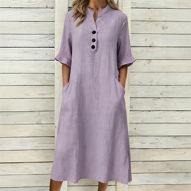 Women's Midi Dress Black Dress Cotton Linen Dress Elegant