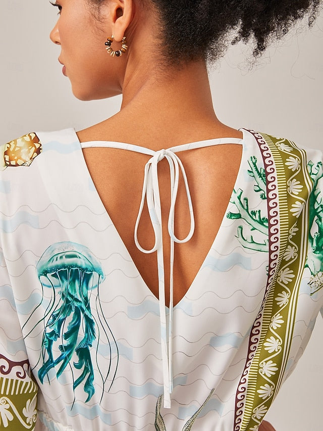 Resort-Style Ocean Print Straight-Cut Dress