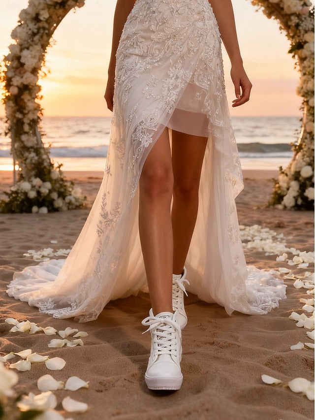 Women's White Lace High-Top Bridal Sneakers with Hidden