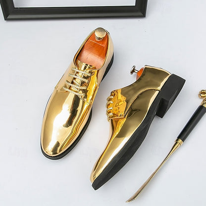 Gold – for Lace-Up Sleek Shoes Leather Men Patent Shiny
