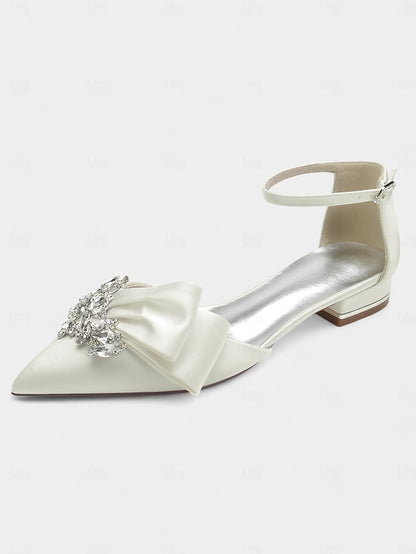 White Satin Rhinestone with and Ankle Pointed-Toe Bow Heels