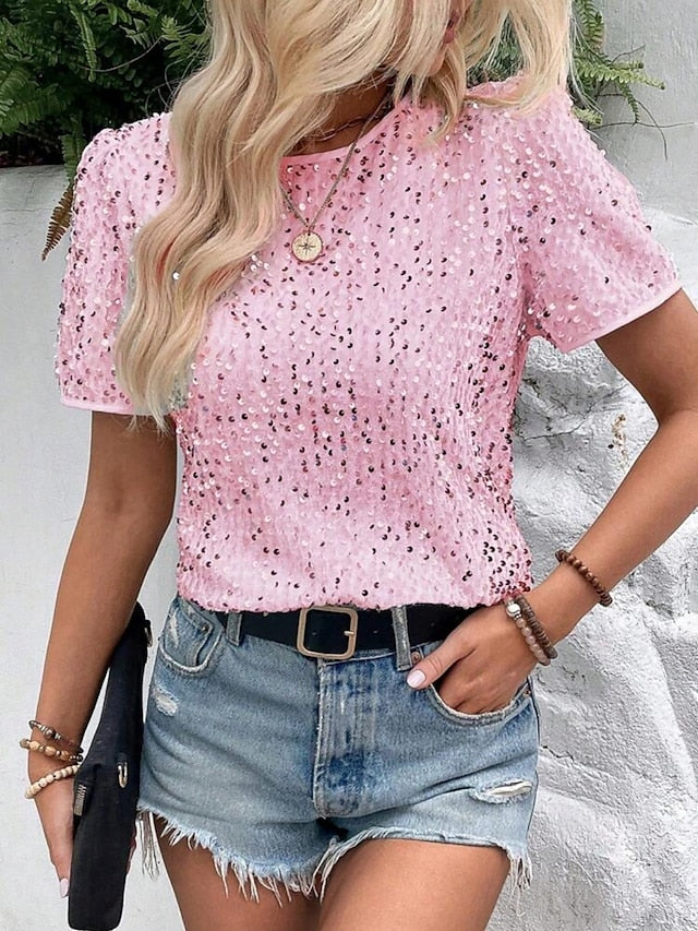 Women's Blouse Sequins Solid Color Stylish Casual Short