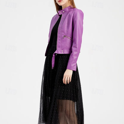 Faux Zipper Jacket Pocket Leather Women's Comfortable