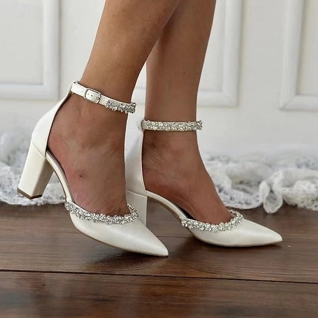 with White Toe Heel Shoes Block Women's Pointed – Wedding