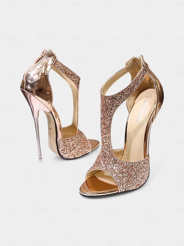 Toe Design with Heels T-Strap Stiletto and Glitter for Open Gold