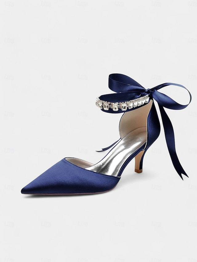 Ankle Rhinestone Blue Heels with Pointed-Kitten and Strap Satin