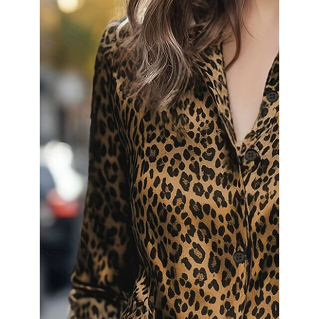 Women's Blouse Buttons Print Leopard Stylish Casual Long