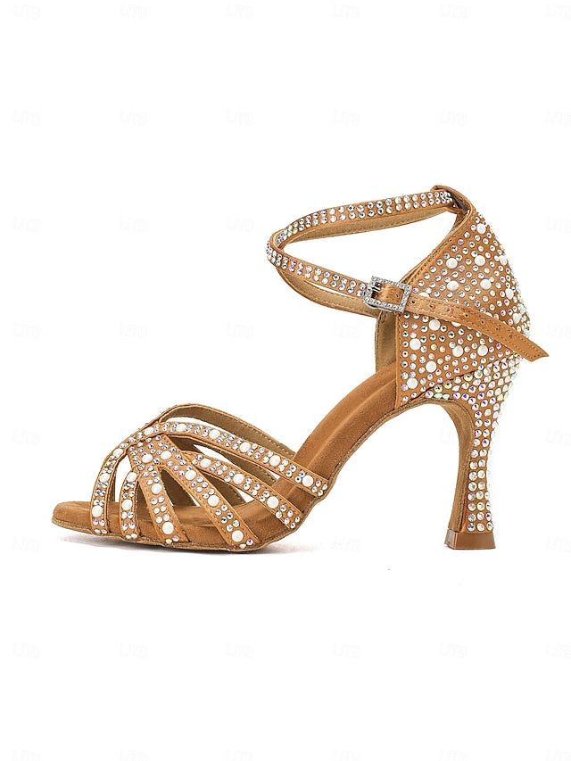 Sandals with Tan Latin Rhinestone-Embellished High Dance Heel