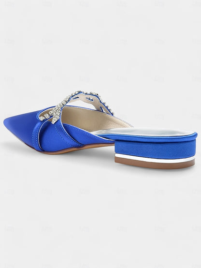 Pointed-Toe - Detailing with Mule Blue Heels Satin Rhinestone