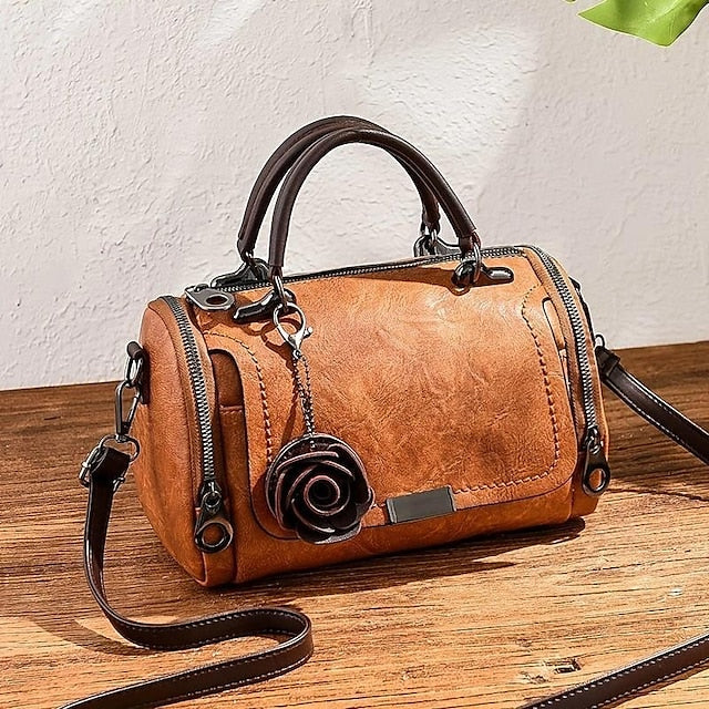 Vintage-Style Floral Handbag Women's Faux with Leather