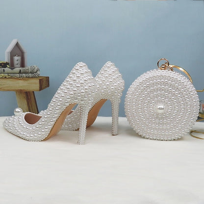 Pearl-Embellished Stiletto Purse Heels White and Round Set Pearl