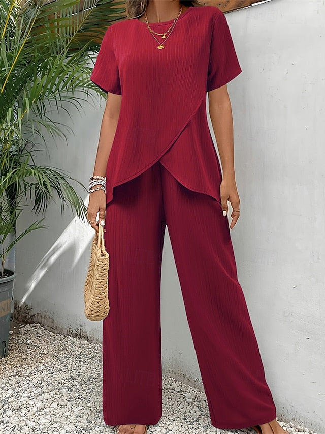 Women's T Shirt Pants Sets Bolero Top Short Sleeve Crew