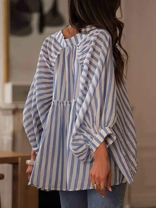 Women's Blouse Buttons Print Striped Stylish Casual Long