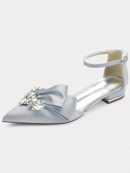White Satin Rhinestone with and Ankle Pointed-Toe Bow Heels