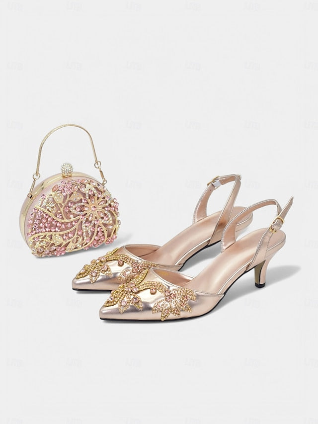Embellished with Heels Slingback – Matching Gold Handbag
