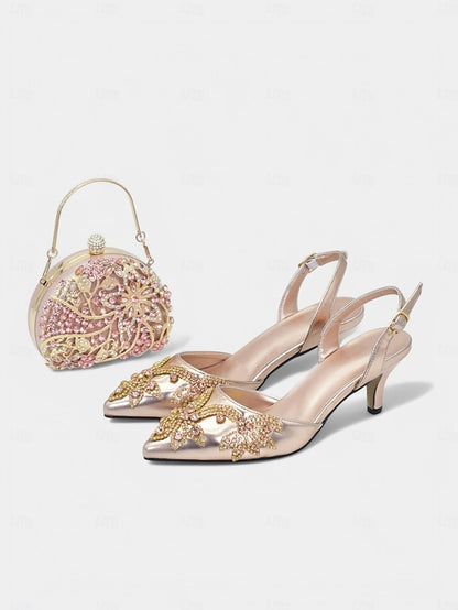 Embellished with Heels Slingback – Matching Gold Handbag