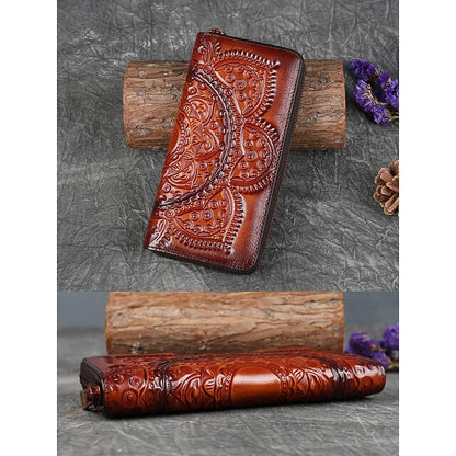 Handmade with elegant mandala leather wallet continental pattern