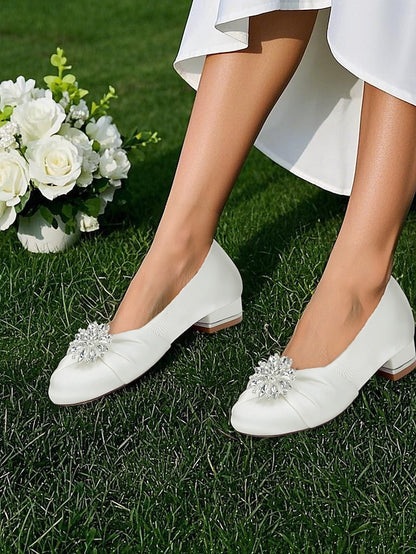 White Wedding Satin Flats – Elegant Crystal Women's