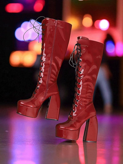 Platform Metallic High Knee Women's Silver Lace-Up - Boots