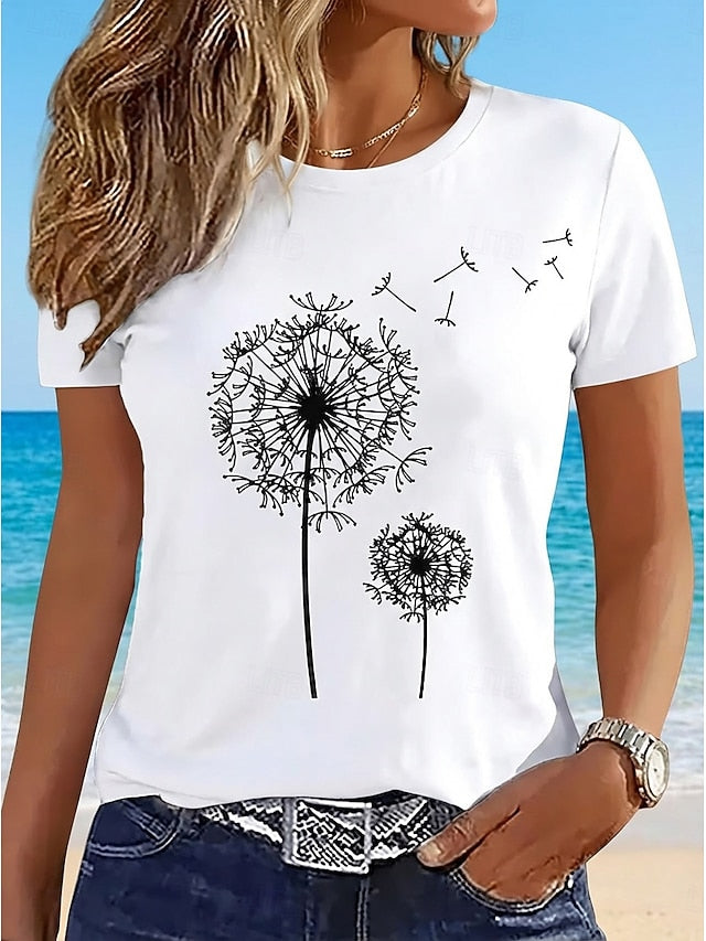 Women's Casual T-Shirt Dandelion Print Crew Neck White