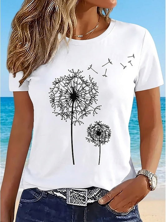 Women's Casual T-Shirt Dandelion Print Crew Neck White