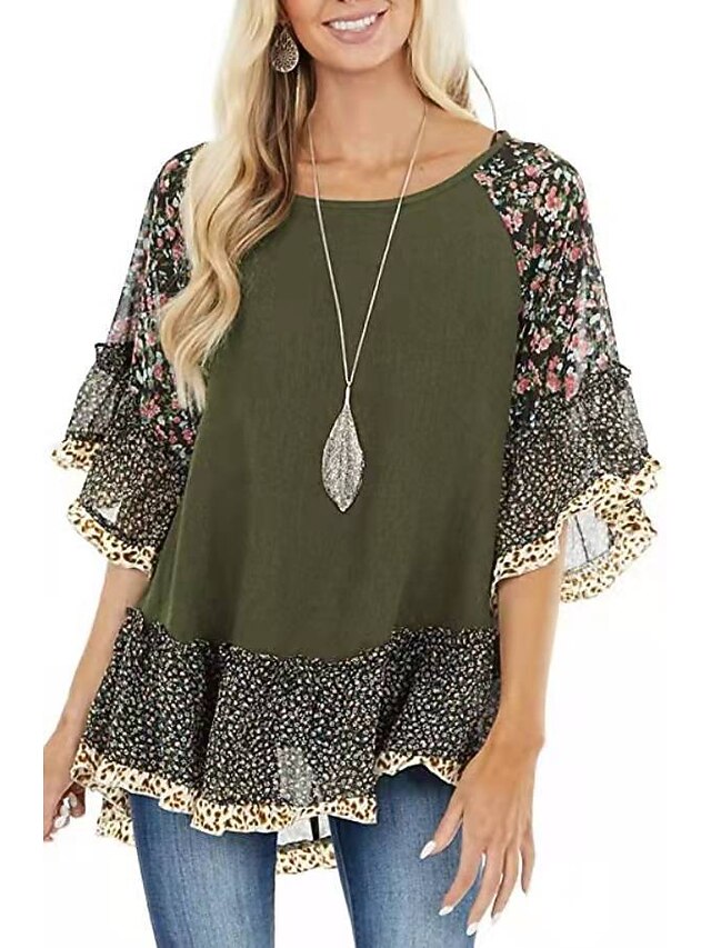 Women's Shirt Boho Shirt Tunic Blouse Ruffle Print Flowing
