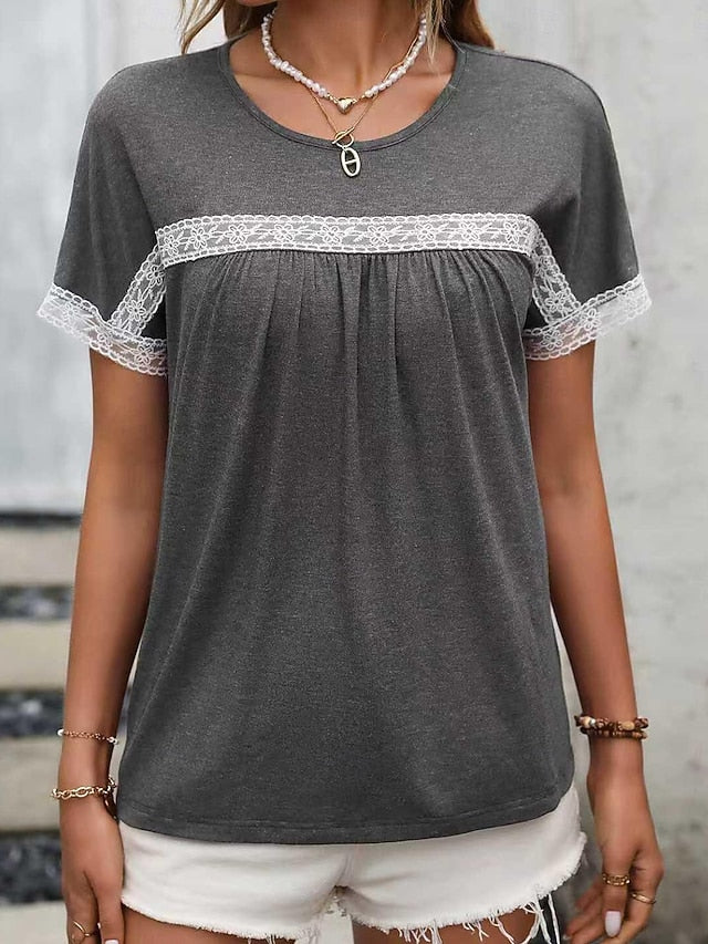 Women's T Shirt Lace Splicing Top Pleats Lace Trim Splicing
