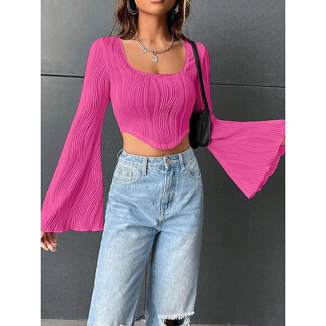 Women's Blouse Solid Color Stylish Casual Long Sleeve U