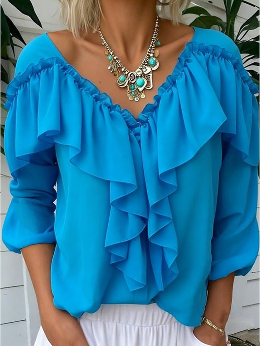 Women's Popover Shirt Casual Shirt Blouse Ruffle Solid