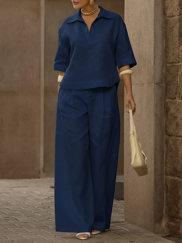 Women's Cotton Linen Sets Pants Sets 3/4 Length Sleeve V