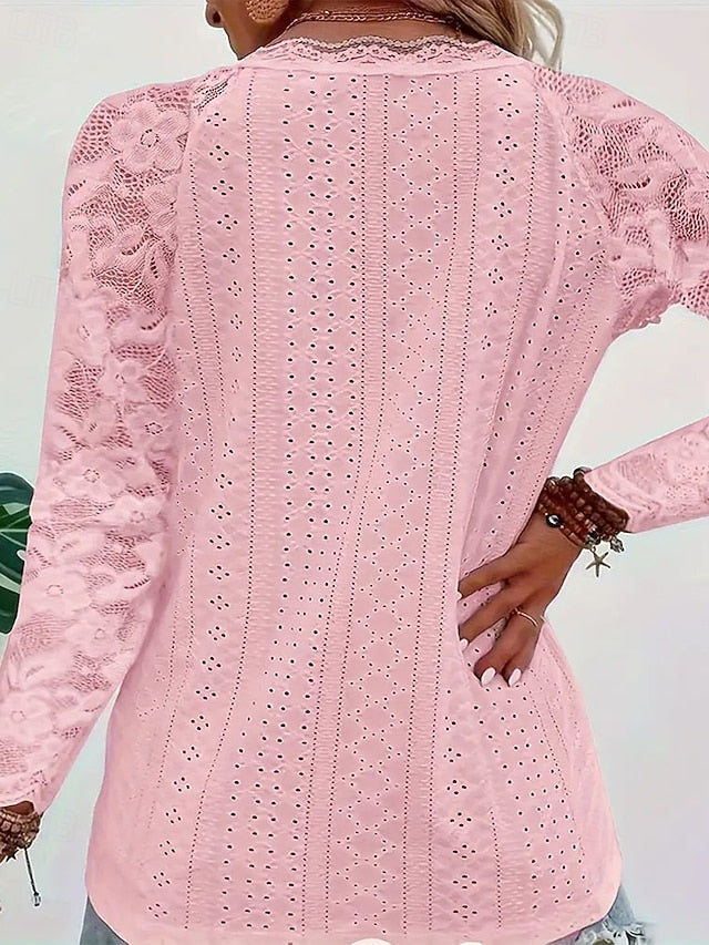 Women's Pointelle Shirt Eyelet Top Lace Splicing Top Blouse