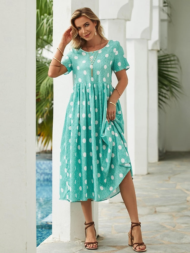Women's Midi Dress Floral Polka Dot Pocket Print Crew Neck