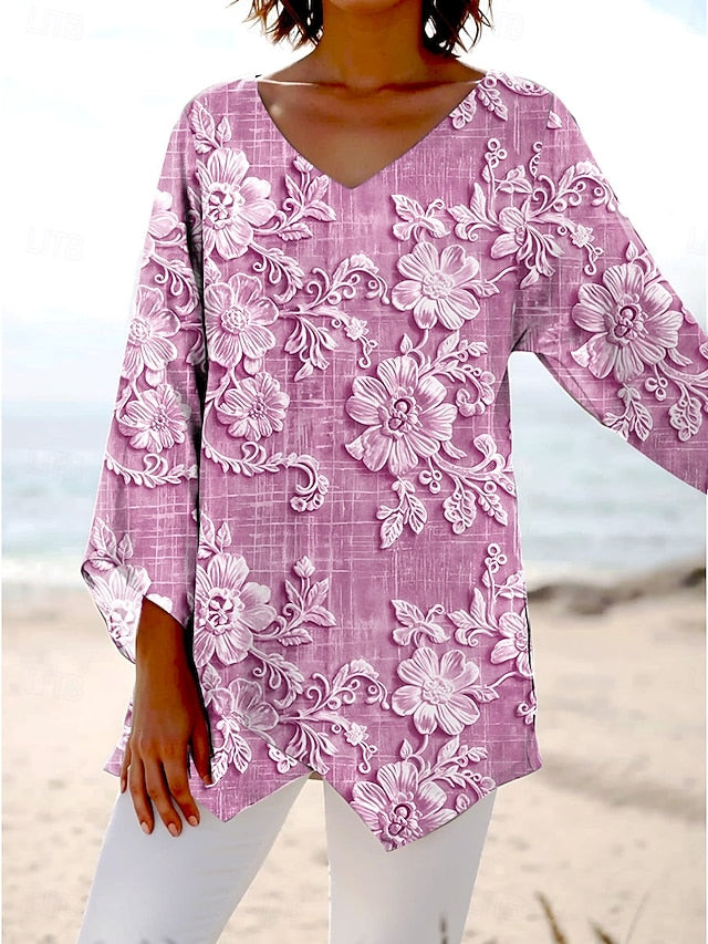 Women's Blouse Long Sleeve Asymmetrical Hem 3D Print Floral