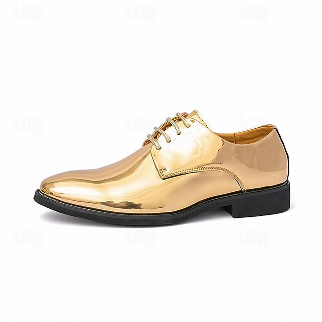 Gold – for Lace-Up Sleek Shoes Leather Men Patent Shiny