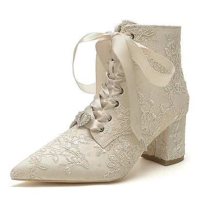 Women's White Floral Lace-Up Embroidered Booties Bridal –