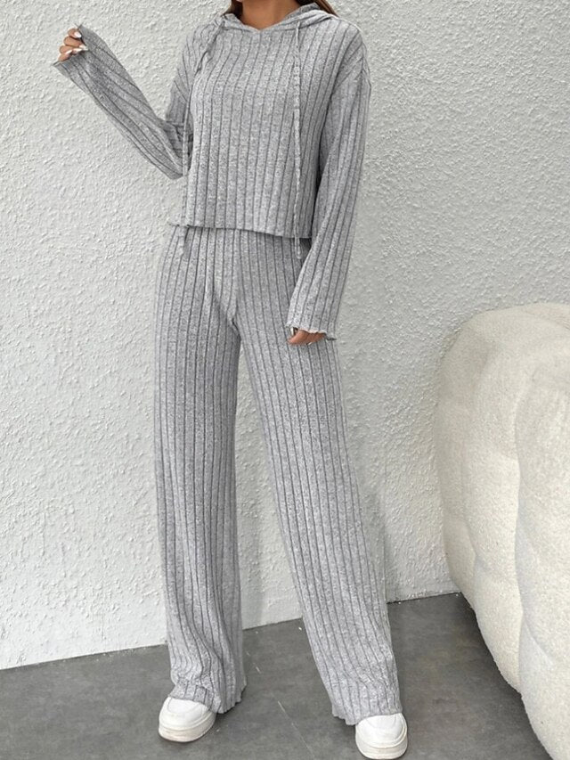 Women's Pants Sets Bolero Top Long Sleeve Hooded Solid