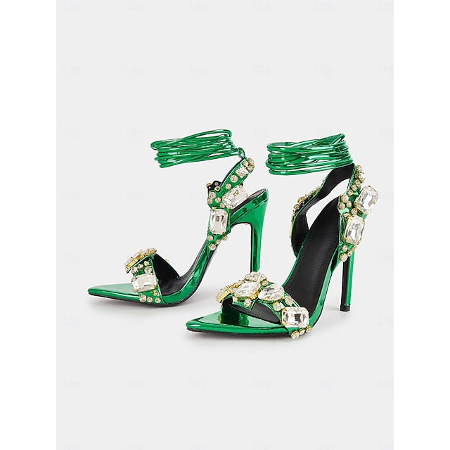 with Green Stiletto Women's Lace-Up Heels Metallic