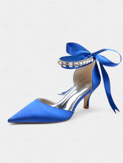 with Rhinestone Satin Ankle and Heels Pointed-Kitten Blue Strap