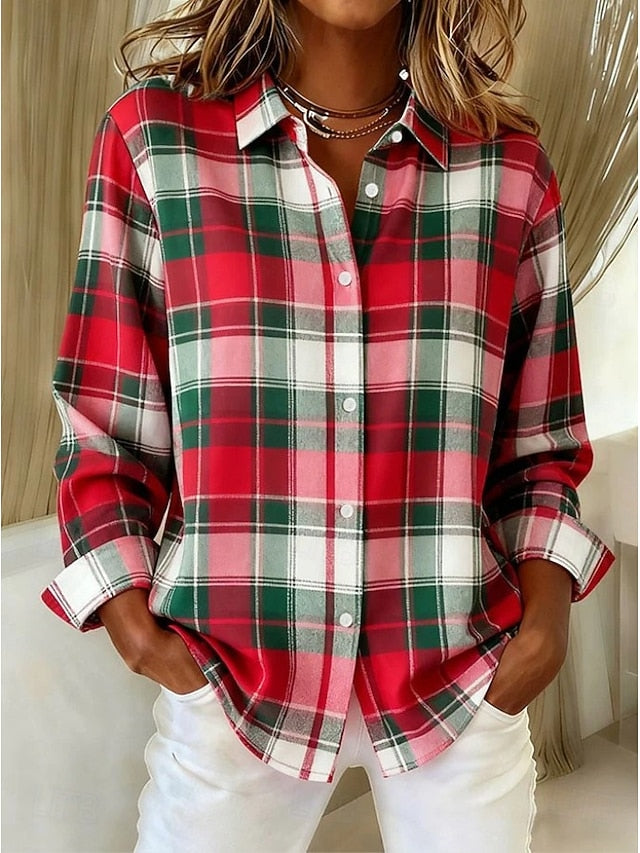Women's Shirt Blouse Plaid Casual Long Sleeve Shirt Collar