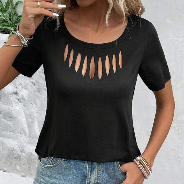 Shirt T Color Elegant Out Women's Cut top Eyelet Solid