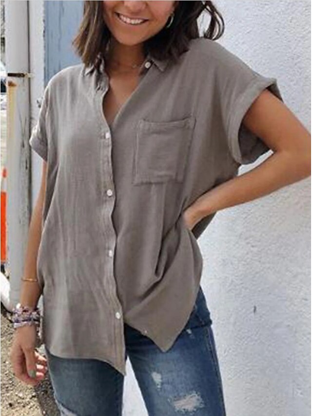 Women's Linen Blend Button Up Long Cotton Top White Cotton