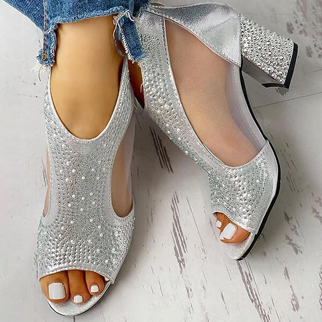 Elegant Women's Gold Heeled with Glitter Peep Sandals Toe