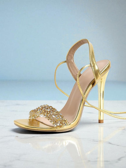 Women's Lace-Up Stiletto with Heels Straps Rhinestone Gold