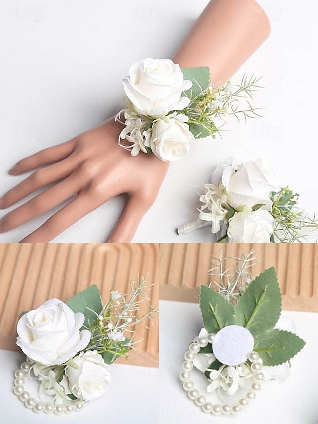 Set Corsage and Boutonniere – Wrist Elegant White Rose