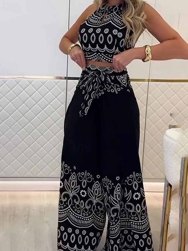 Women's Blouse Pants Sets Sleeveless Halter Neck Floral