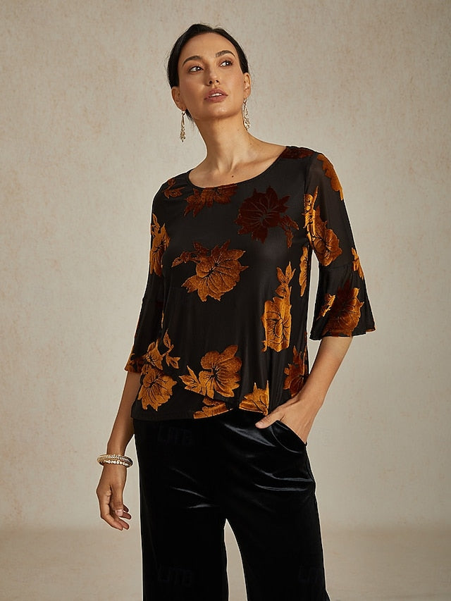 Women's Dressy Tops Floral Elegant Flutter Sleeve Velvet