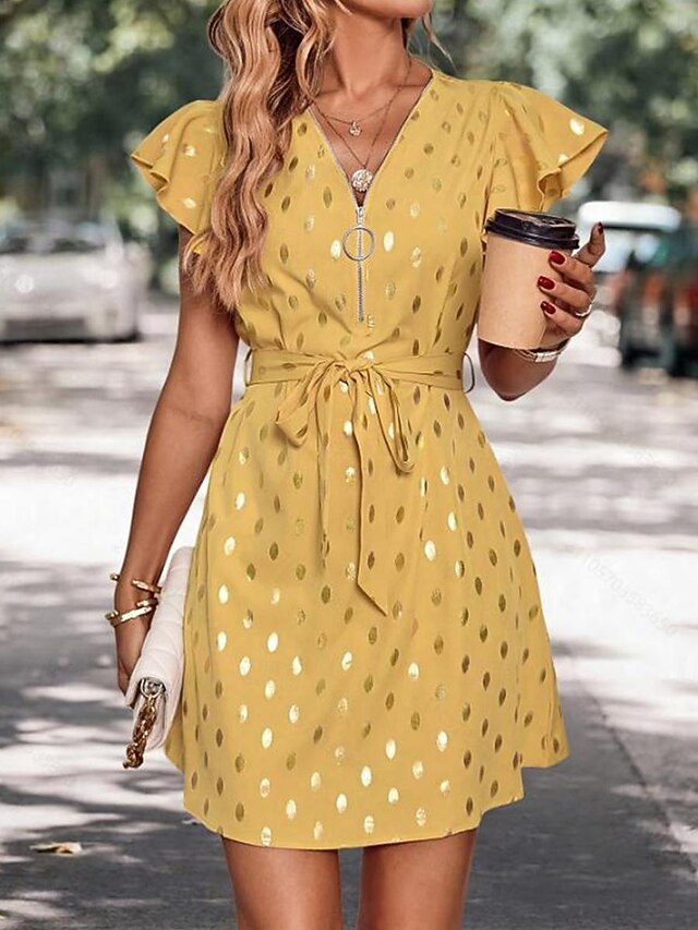 Women's Casual Dress Polka Dot Zipper Print V Neck Mini