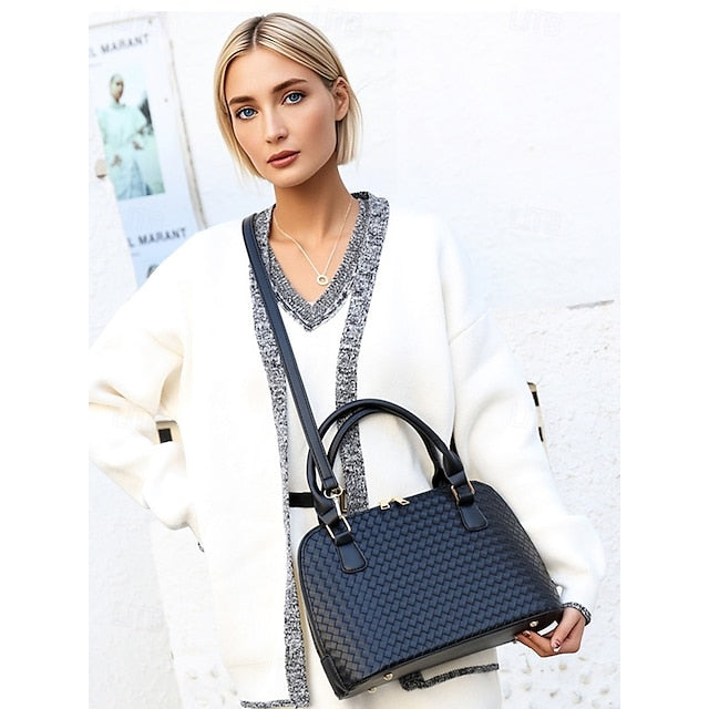 Handbag Set Brown Leather Women's Woven – 3-Piece Faux