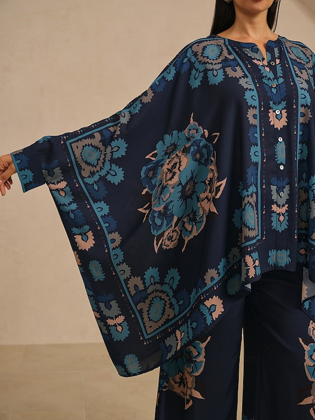 Women's Blouse Chiffon Ethnic Floral Placement Hawaiian