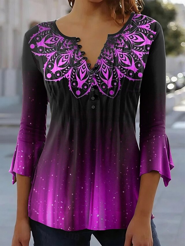 Women's Blouse Ruffle Buttons Graphic Abstract Elegant 3/4